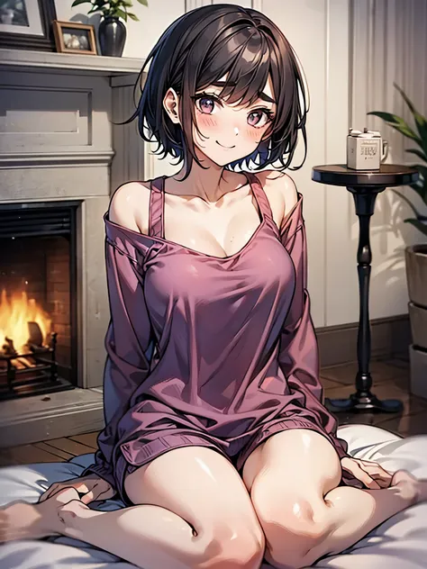 anime style:1.3,full body figure:1.3、adult woman:1.3、(((blush:1.3)))、(((thin eyebrows、stare:1.3))),(((I&#39;m embarrassed:1.3)))、in front of the fireplace:1.3、Sweat:1.3,(((clavicle:1.3,、Warm loungewear:1.3)))、(((smile:1.2)))、cute、(((black color、short hair)...