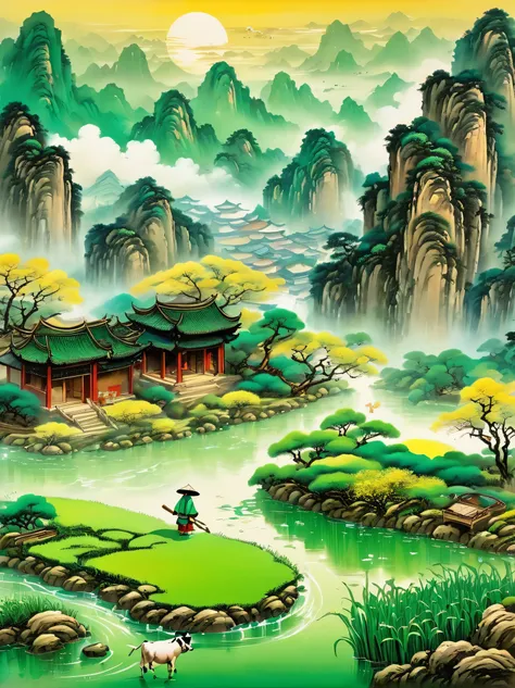 super detailed，Chinese ink style，Chinese Dream Landscape，It rains during Qingming Festival，A cute little Chinese boy，Dressed in light-colored Hanfu，Planting vegetables with a hoe，A black cow eats grass，From Bubble Mart。she is in the fields，distant river、gr...