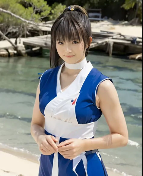 (highest quality:1.2),(perfect beautiful face:1.2),(perfect and beautiful posture:1.2),(japanese woman:1.1), ponytail hair,On the beach of a deserted island, smile, (Chunky muscular body:1.2),Ultra-high precision photos,clear eyes, (blue japanese clothes),...
