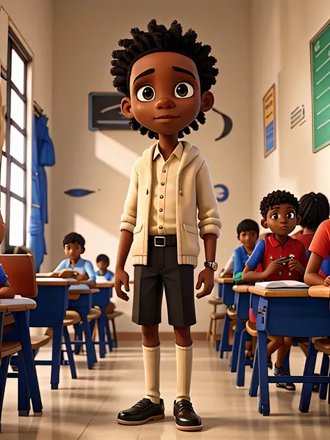  a black african boy standing infront of a class, wearing the same cloth with his classmate, looking front,a full class room student sitting on their chair listen to the lesson