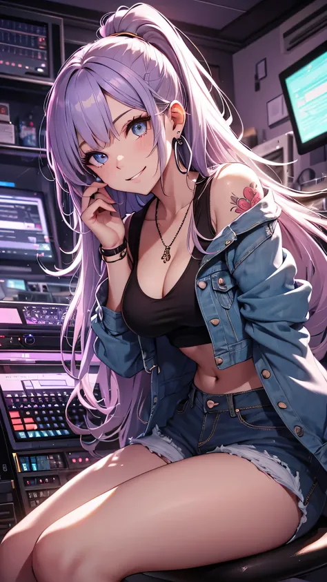 最high quality、best image quality、masterpiece、girl((20-year-old、 By becoming、vest bust、medium bust,wide open breast tea、shining eyes, neon hair、long hair、thin,highest valley、ponytail、Damaged Denim Shorts、black navel shirt、Damaged Denim Jacket、smile、full bod...