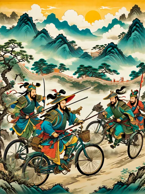 super detailed，Chinese ink style，Chinese Dream Landscape，《Three Kingdoms》whimsical scenes in, featuring Liu Bei, Guan yu, Riding a bicycle with Zhang Fei, Fight with Lu Bu, Anyone rides a bicycle. This creative interpretation blends ancient Chinese warfare...