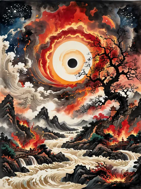 super detailed,Chinese ink style,Chinese Dream Landscape,epic disaster scene,Depicts an alien star invasion that plunges a river into chaos. reception, Silhouette of a man standing, His eyes were fixed on the starry sky above his head, In a forest engulfed...