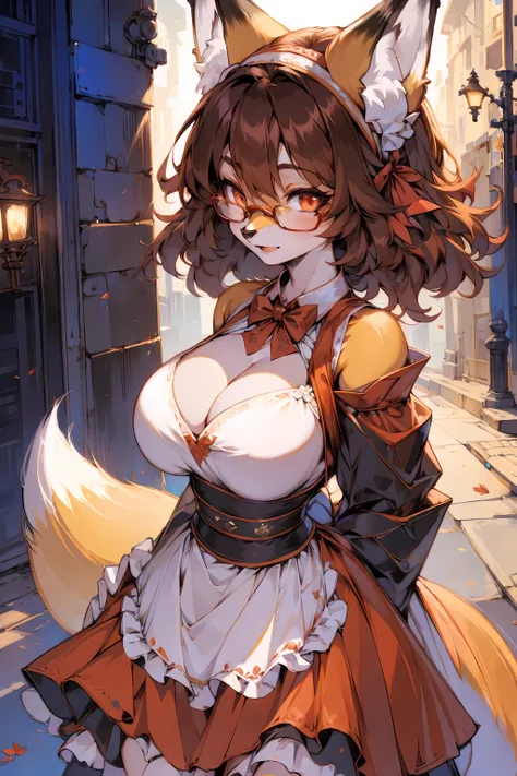 hairy girl,(fox girl:1.5),(best quality,4k,8k,high resolution,masterpiece:1.2), Super detailed,maid outfit, fox-like red hairy girl with short hair, fluffy hair, Shy, beautiful red eyes, wear glasses, very fluffy tail, big breasts, Headband, 17 years old, ...