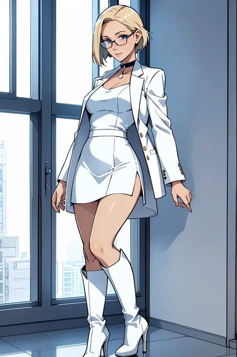 female, short straight blonde hair, blue eyes, white suit jacket, white skirt, long white high heel boots, black choker, no t sh...