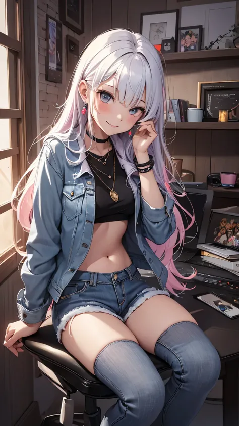 最high quality、best image quality、masterpiece、girl((20-year-old、 By becoming、vest bust、medium bust,wide open breast tea、shining eyes, neon hair、long hair、thin,highest valley、Damaged Denim Shorts、black navel shirt、Damaged Denim Jacket、smile、full body tattoo,...