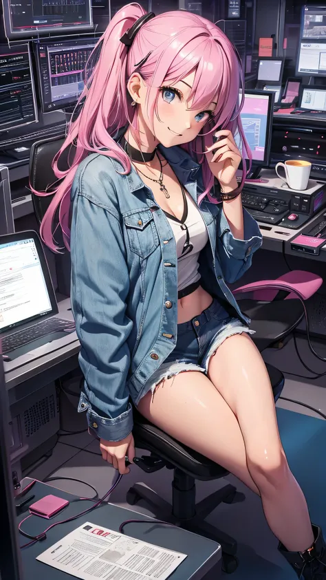 最high quality、best image quality、masterpiece、girl((20-year-old、 By becoming、vest bust、medium bust,wide open breast tea、shining eyes, neon hair、long hair、thin,highest valley、Damaged Denim Shorts、black navel shirt、Damaged Denim Jacket、smile、full body tattoo,...