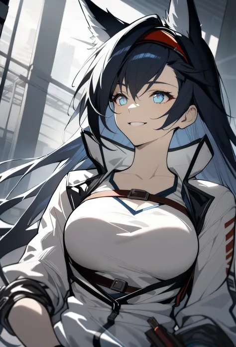 1girl, blaze(arknights), arknights, upper body, standing, cat ears, black hair, long hair, blue eyes, breasts, smile, white jacket, white shirt, cinematic angle, masterpiece, best quality