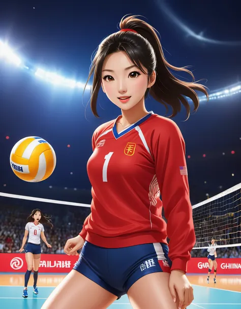 chinese girl in red blouse （during the game, lang ping jumped high in front of the net and smashed the volleyball in the air.，lo...