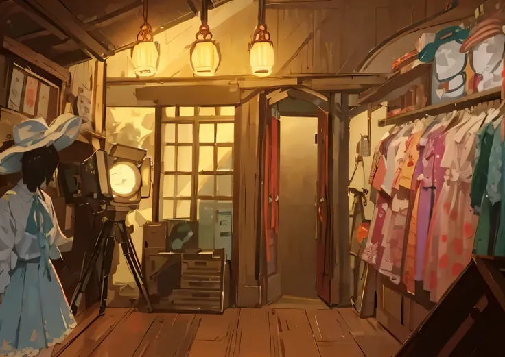 Es gibt einen Raum mit viel Kleidung, Innenhintergrundkunst, gemalt im Anime-Maler-Atelier, Anime-Hintergrundkunst, Stil des Madhouse-Studio-Anime, anime scenery Konzeptkunst, traditional japanese Konzeptkunst, Beleuchtungsstudie, Ghibli Studio-Stil, drama...