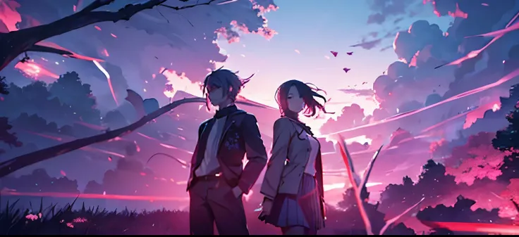 Create an anime illustration in ultra-high resolution (8K UHD) with stunning detail and vibrant colors. The focus of the illustration is on an anime boy and girl with highschool shirt, bloodshot eyes. The setting is under a picturesque cherry blossom tree ...