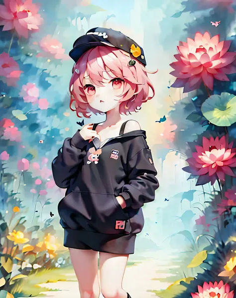 masterpiece,1 girl,alone,(((Little)))、short hair,pink hair,Fashionable hoodies,off shoulder:1.2, mob cap, street,put your hands on your hips, put one&#39;Hand in hand&#39;pocket of,