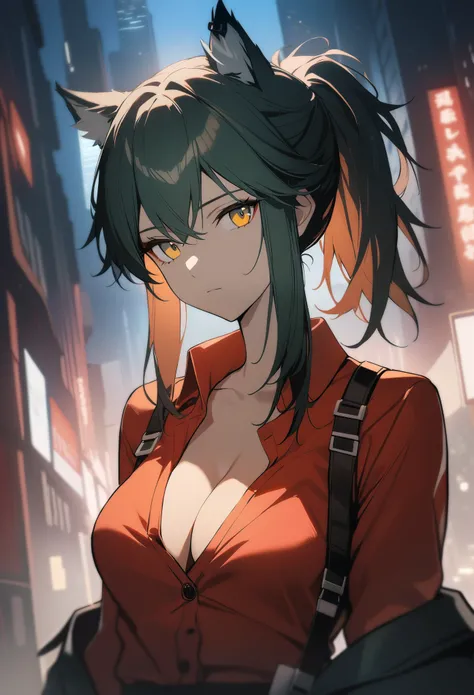 1girl, texas(willpower)(arknights), arknights, upper body, wolf ears, black hair, ponytail, yellow eyes, cleavage, expressionless, red shirt, (partially unbuttoned), cinematic angle, night city, masterpiece, best quality