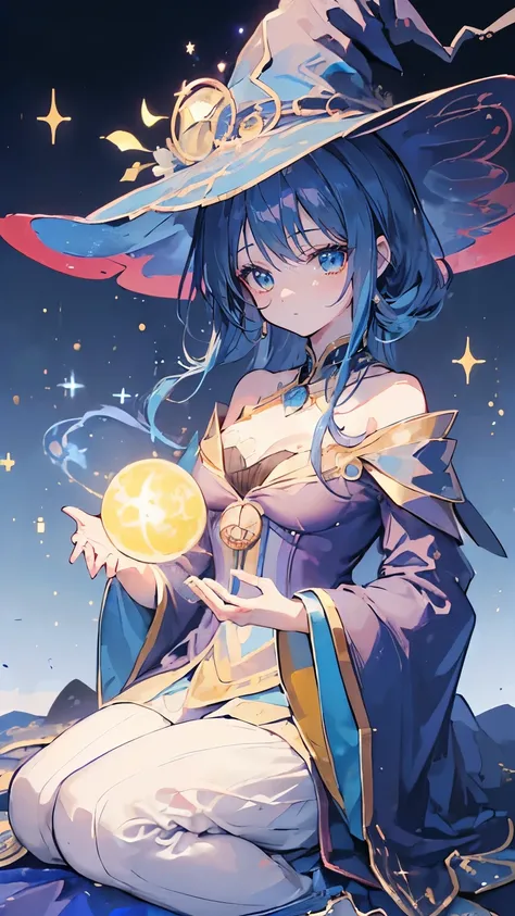 ((magic使いの女の子:1.5)), perfect face, beautiful face, highly detailed face，(blue hair_yellow eyes:1.3)，(witch hat:1.3)，star，shine，Light，smile，magic，Sparkling，moon