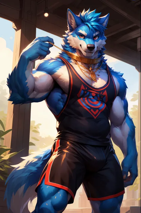 solo,anthro,furry,furry male, Wolf, ((fluffy fur,fluffy,furry body)), (Blue fur, ancient Wolf print), (blue body), Blue mohawk, red eyes, (bright red eyes) short messy hair, tail, blue hair, sky blue eyes, detailed fluffy fur,  black sport tank top, detail...