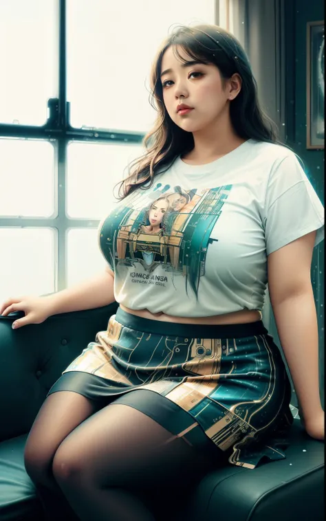 obese voluptuous handicapped women wearing t-shirts getting a medical examination on a sofa, detailed body parts illustration pa...