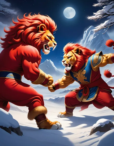 Dueling Moments, (a strong red Chinese lion struggling to box), anthropomorphic, a desert and arctic snow, influenced by Frank Herbert, Poster, Animation, Studio Ghibli, Detailed Illustration, Official Art, Cavalleria Style, 32k, Night, HD Wallpaper, Selec...