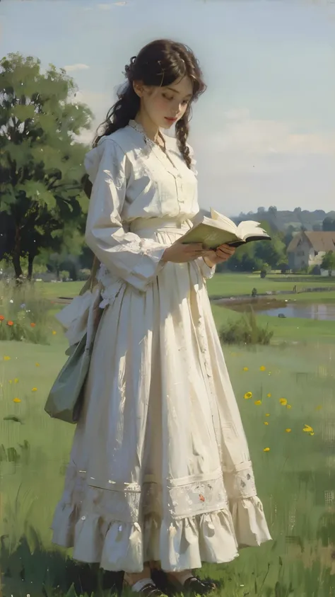 ((Sargent style watercompressionist style painting、(highest quality、masterpiece)、soft light、Countryside painted on a foggy morning、soft light、view of the cotswolds,old farmhouse、stream、flowers bloom、one woman、dark brown hair、braided hair、White blouse and l...