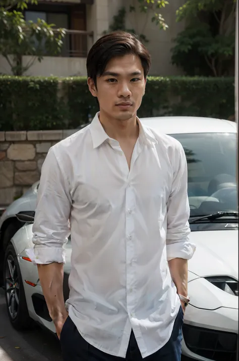 asian man, handsome 26 years old, standing beside a ferrari (yellow), cool pose,  wearing white shirt, wearing in shirt, wearing a white shirt, fine white shirt, white wrinkled shirt, wearing a white button up shirt, white shirt, white sleeves, wearing a l...