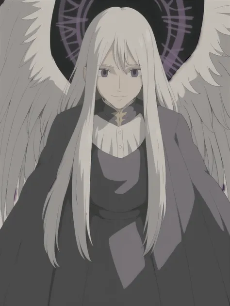 (highres:1.2),detailed,1 male,long white hair,purple eyes, black clothes, detailed clothes, ornate clothes,white angelic wings,smile