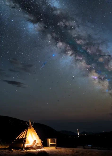 There is a small bonfire、beautiful night view、beautiful starry sky、8ｋ、High resolution wallpapers