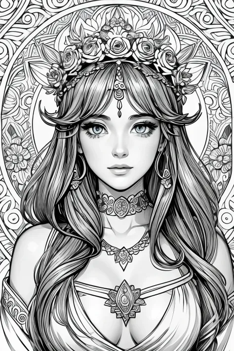 generate a coloring page, of a goddess with beautiful eyes and a floral crown on her head