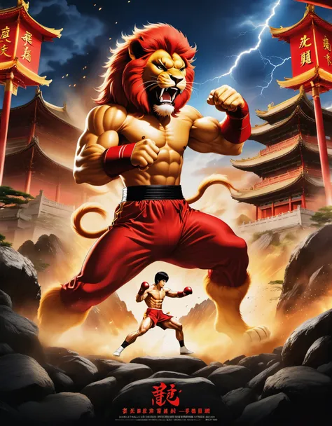 Movie poster, dueling moments, (a strong red Chinese lion Bruce Lee boxing), punching action, anthropomorphic, letters "china", vastness of the universe, landslides, crushed stones flying around, lightning, world conquering, crushing everything, shocking i...