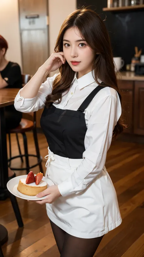 Publicity photo, The place is a coffee shop, 1 girl, 16 year old face, Waitress carrying cake to table, (super realistic pantyhose:1.2). Red-haired twin-tailed, kind face, Gothic lolita half costume and strawberry-inspired maid outfit, Dress in white,