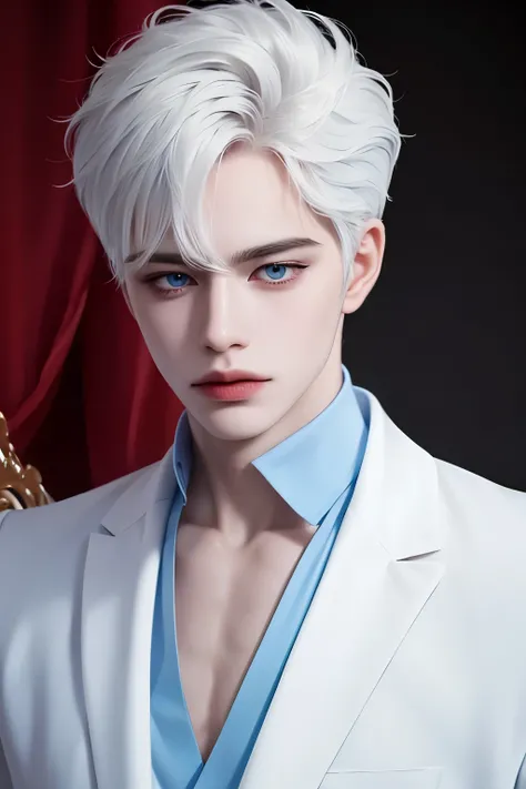 Boy, white hair, blue eyes, sharp, serious features, white skin, formal style