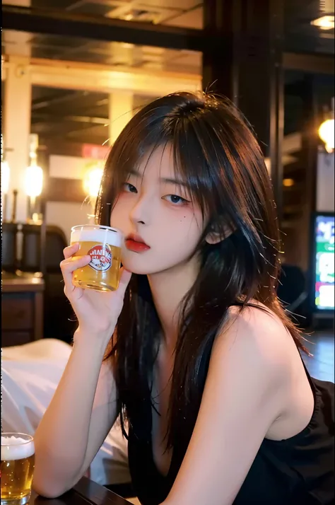 (8k, RAW photo:1.2)detailed face and eyes,最high quality, 超A high resolution, very detailed ,intricate details、bedroom、Holding a beer、pretty girl , soft movie-like light, hyper detail,sharp focus, high quality, dripping from, in strip club