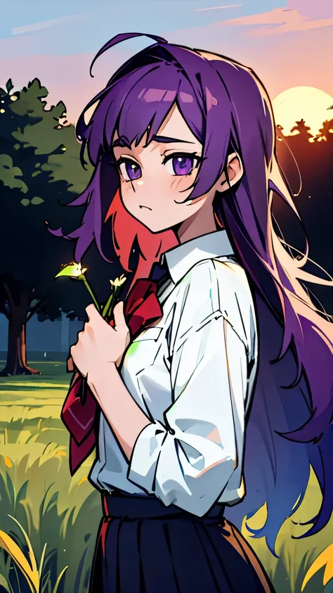 grassland，Sunset，8k resolution，long purple hair，purple eyes，holding roses in hand，black pleated skirt，white shirt