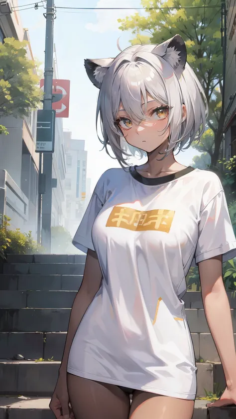 gray hair,best image quality,teenage girl,masterpiece,black skin,short hair,Lion ears,short hair,golden eyes,toned body,tits,shining face,dense forest,,slender,uniform,white t-shirt,naked,