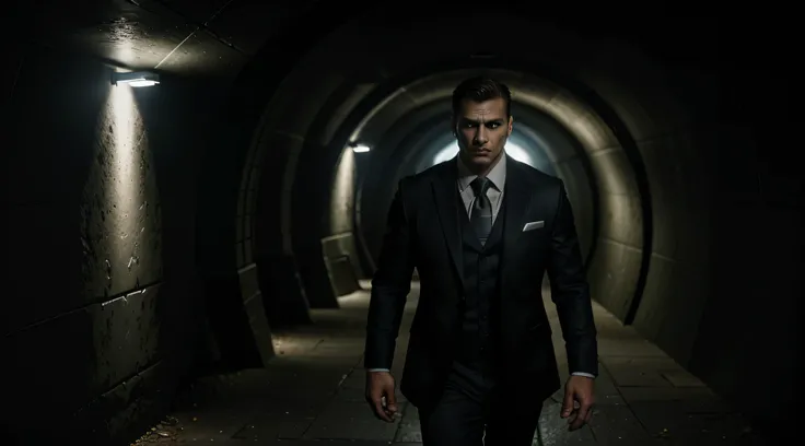 strong man wearing a suit standing in a dark tunnel 8k, high definition, standing , detailed body, in style of dc, hyper-realistic, + cinematic shot + dynamic composition, incredibly detailed, sharpen, details + superb details + evening with light + perfec...