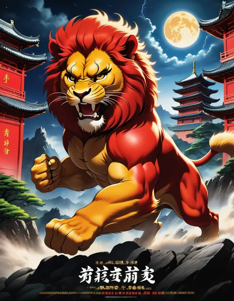 Movie poster, dueling moments, (a strong red Chinese lion Bruce Lee boxing), punching action, anthropomorphic, letters "china", vastness of the universe, landslides, crushed stones flying around, lightning, world conquering, crushing everything, shocking i...