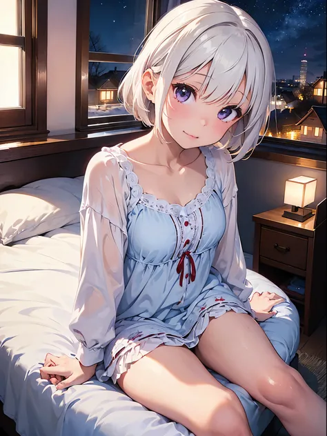 highest quality、masterpiece、High resolution、very detailed、8k、(((one girl)))、cute、bob hair、long sideburns、anime、clear white skin、((hair color is white))、eyes are purple、((Winter nightgown with footprint pattern))、((midnight))、sleepy look、Lie、((((girl sittin...