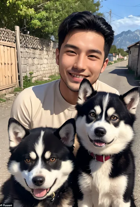 Male 25 years old, black asian eyes, Plump appearance, smiling, clean face and no beard, there are three husky dogs in the background, located in the village, surrounded by mountains