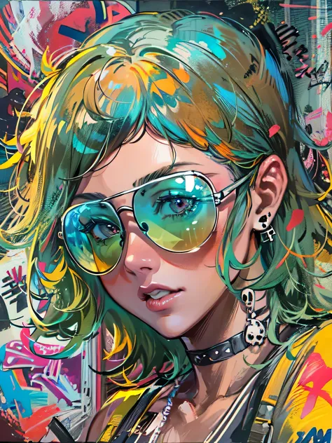 8K resolution、((highest quality))、((masterpiece))、((Super detailed))、1 female、alone、incredibly absurd、 (((The strongest beautiful girl of all time))), (((The face is a skull))), (((Stylish sunglasses))), pirate bandana,neon、short cut hair、 (((graffiti art)...