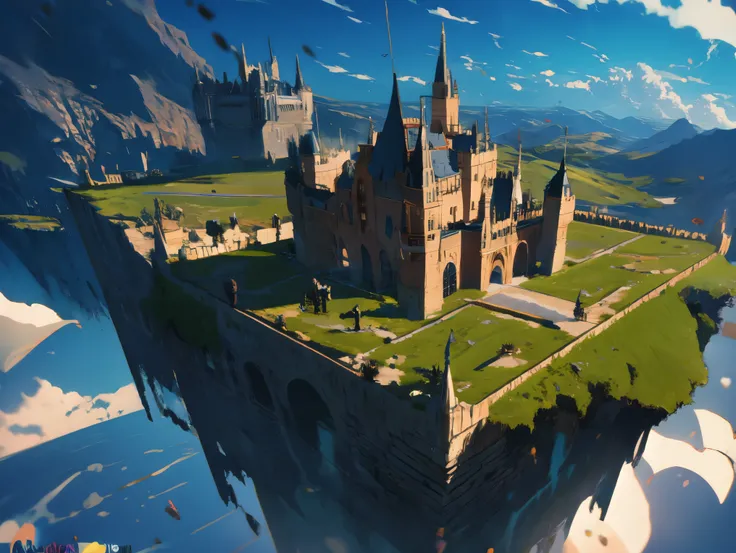 comics，castle flying in the sky, full of air