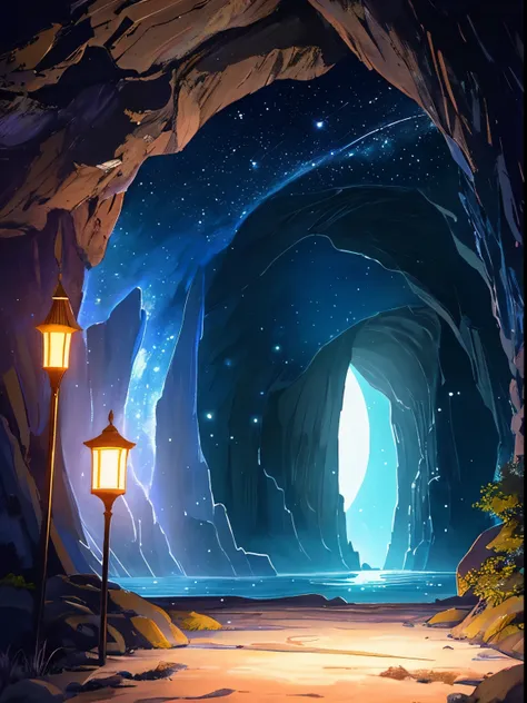 Crescent moon shining in the dark night sky seen from inside the cave, With the gentle light of fireflies. Scenes are depicted in a soft manner, Create a calm and dreamy atmosphere with pastel colors. The silhouette of a cave entrance frames the landscape....