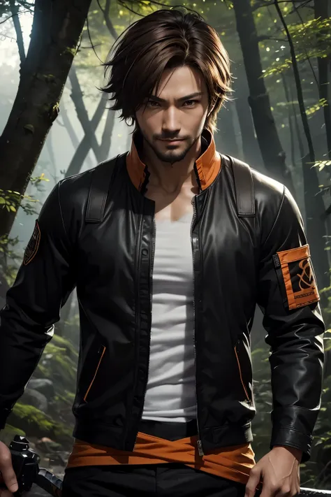 8k,Young boy with fancy brown medium bob hair,challenging atmosphere,muscular slim body,super realistic skin,Severely cracked abdominal muscles,black and orange combat jacket,wear a white inner shirt,black combat pants,In the forest with a large and long J...