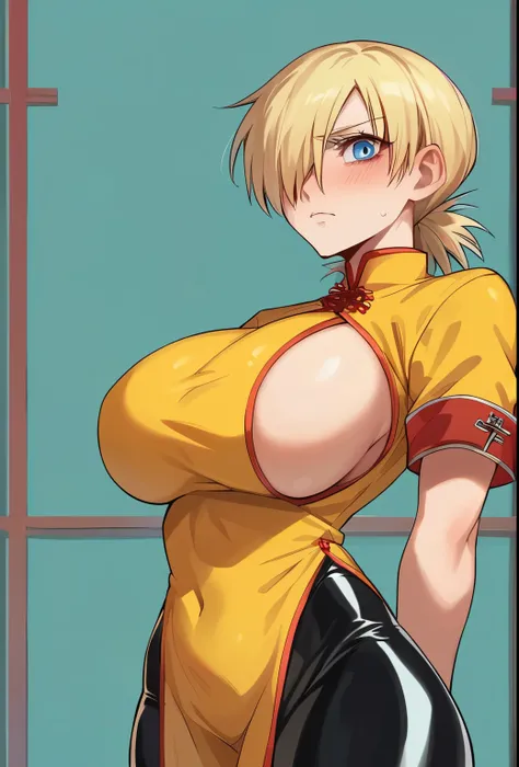 score_9, score_8_up, score_7_up, source_anime, solo, 1girl, integra hellsing, hellsing, blush, shy, looking at viewer, arms behind back, blonde hair, hair over one eye, blue eyes, yellow shirt, short sleeves, latex suit, humongous breasts, large breasts, m...