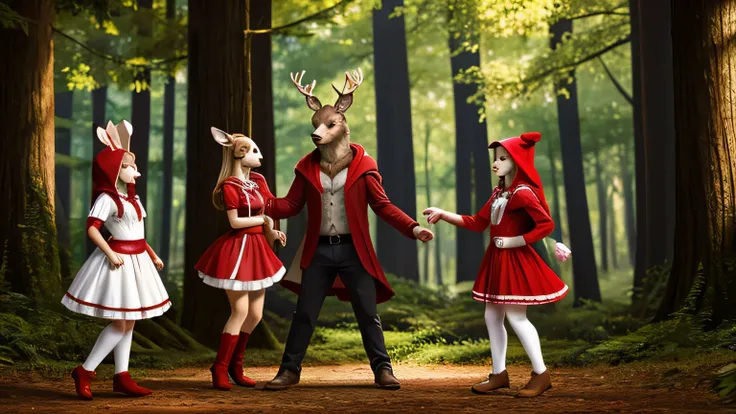 5 character dancing in the forest, red riding hood, anthro white rabbit, anthro wolf, anthro bear, anthro deer