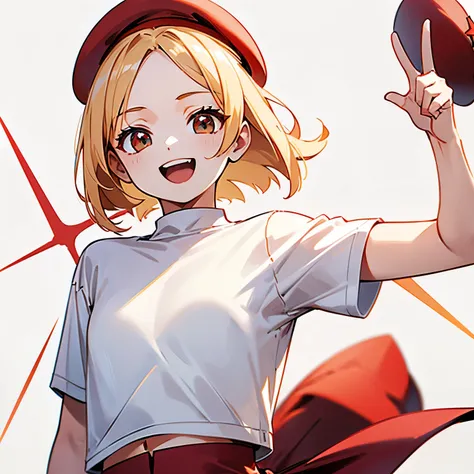 1girl,Best Quality,Masterpiece,Blonde,(Front:1.2),short hair,(plain white tshirts:1.5),blown black eyes,flat chest,adult,gloss skin,open mouth,(red beret:1.4),v sign,smile:1.5