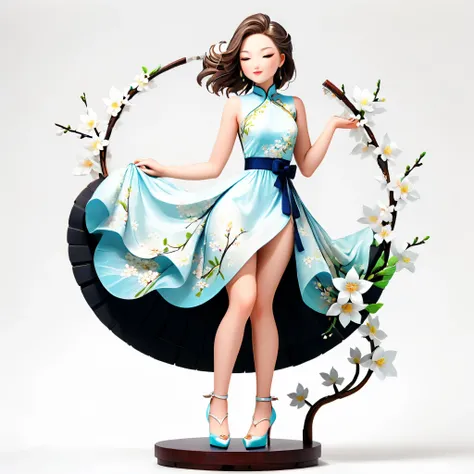 (Blind Box Spielzeug Stil:1.2),full body, solo,white background,(1 Beautiful girl Models ,Stand on a round wooden base，white Jasmine dress, high heels),(Oriental elements, Chinese color,Very colorful),3D