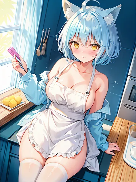 1girl in, fox ear,  light blue short hair,bangs pinned back,Ahoge,Colored inner hair, Yellow eyes,Cute, blush, medium breasts⁩, Naked Apron, kitchen, Watery eye, Embarrassed