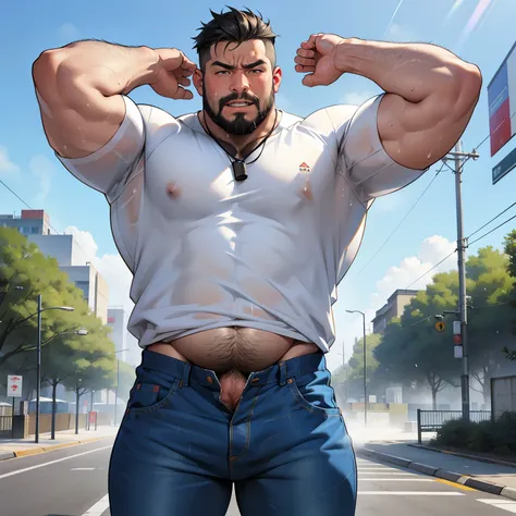 Fat uncle is stretching,a park,Japanese,fat man,belly fat,Less hair on the top of the head,beard,Body hair is thick,sweat,Open your arms,Arms up,wearing white shirt,Shirt becomes transparent due to sweat,wearing jeans,take off your pants、Buttocks slightly ...