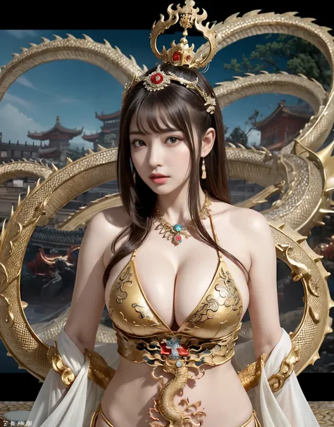 (Heavy breasts)、highest quality、masterpiece、overtake高解像度、（金Dragon Armor）、(((big breasts)))、Dragon Armor、(((detailed micro bikini)))、(wearing a beautiful crown)made of gemstones)、(Photorealsitic:1.4)、Raw photo、1 girl、(((random hair))、(((take various poses))...