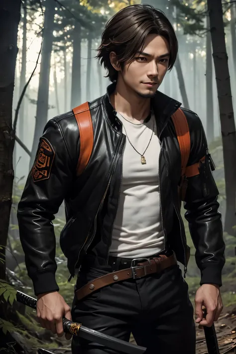 8k,Young boy with fancy brown medium bob hair,challenging atmosphere,muscular slim body,super realistic skin,Severely cracked abdominal muscles,black and orange combat jacket,wear a white inner shirt,black combat pants,In the forest with a large and long J...