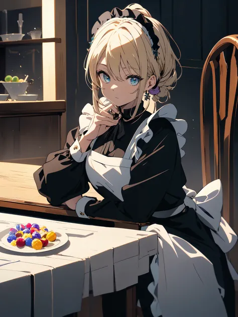 (master piece, highest quality, High resolution、detailed), (Shining eyes)、1 girl,blonde hair, maid, blue eyes, side ponytail, hair scrunchie, hair ornaments, blue scrunchie, maid headdress, apron, (A lot of sweets are arranged on the table、White tablecloth...