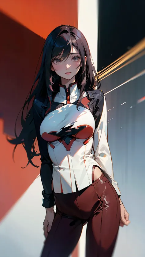 black hair、bundle of hair、long eyelashes、slanted eyes、black hair、bangs、hair behind ear、long hair、parted lips、red pilot suit、Jacket,red pants,gundam,Aina,breast enhancement,animeタッチ,hand drawn,classic,watercolor painting,soft focus surrealism、drop shadow、an...